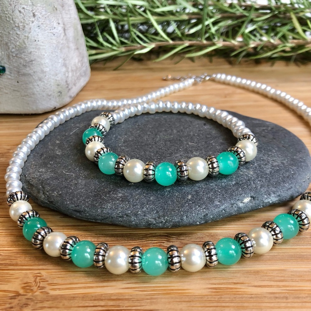 Teal Bead & Pearl Necklace & Bracelet Set